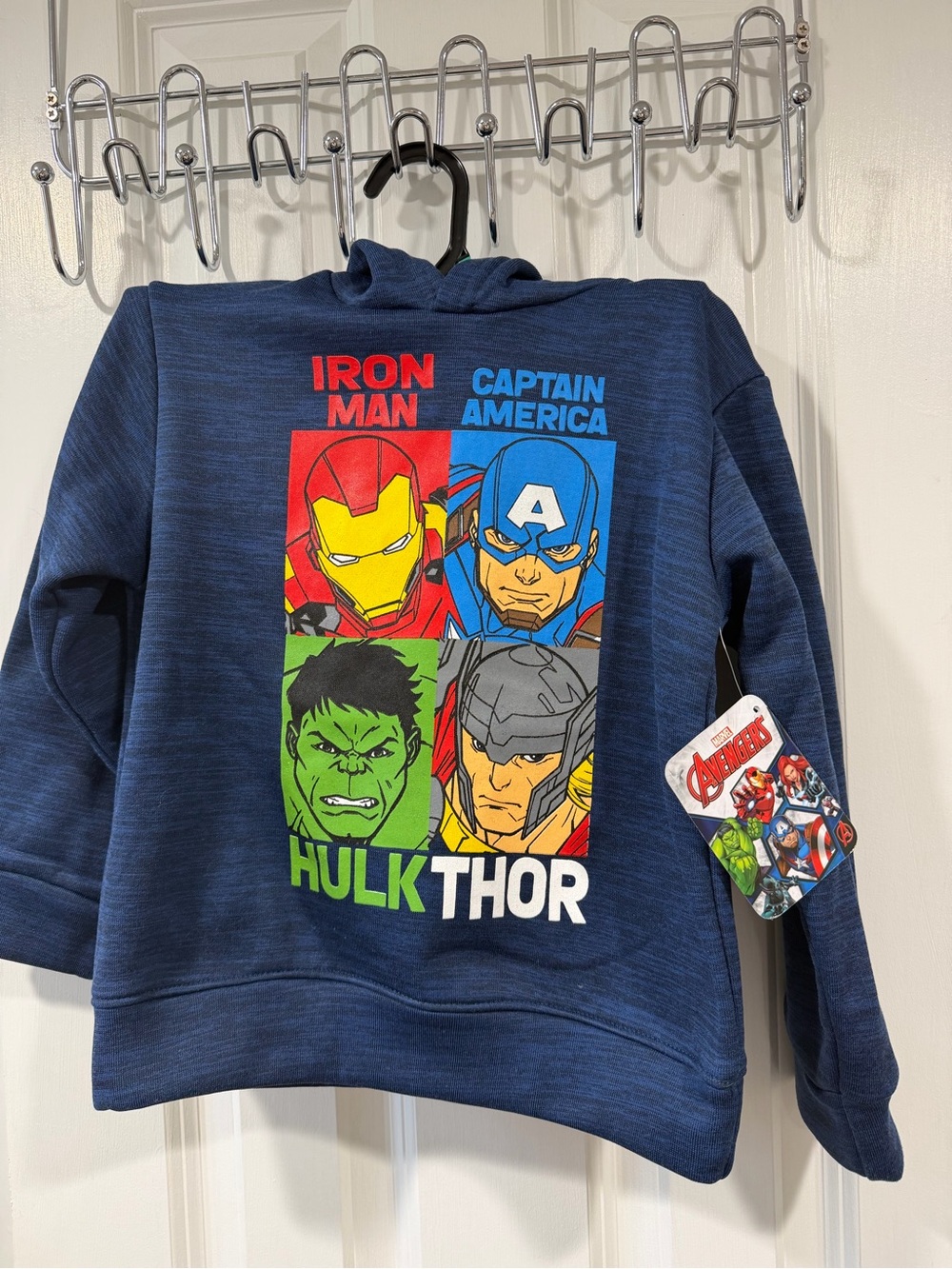 Marvel Navy Hoodie with Red, Blue, Green, Yellow Superhero Panels